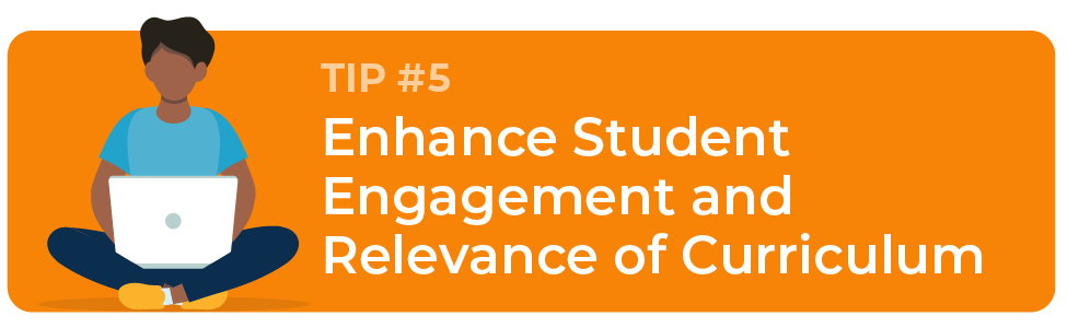 This is a header image that says Enhance Student Engagement and Relevance of Curriculum. It includes a child sitting cross legged in the floor with a laptop.
